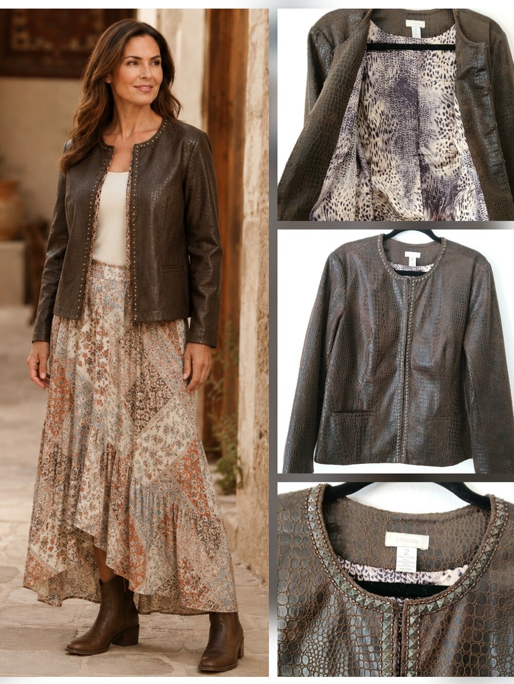 CHICOS Brown Faux Leather Croco Print Studded Blazer Jacket Women's Size L/12